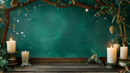 Rustic farmhouse country style Christmas card template with glowing white candles in vintage brass holders elegant dark emerald green stucco background