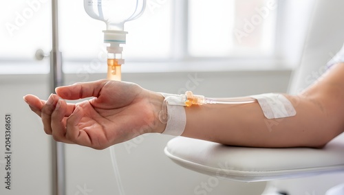 Ultra-realistic image of vitamin infusion therapy through hand IV drip, patient resting in medical spa chair, calm atmosphere, white linens, crisp equipment detail, high-end clinical photo style
