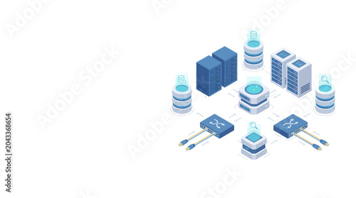 Modern Data Center Network Infrastructure Isometric View.