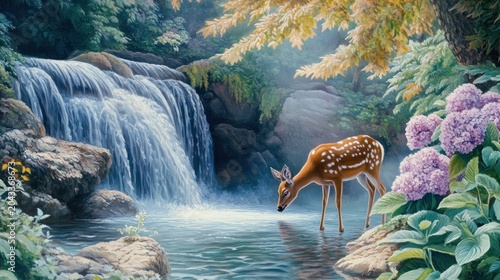 Peaceful deer at a waterfall