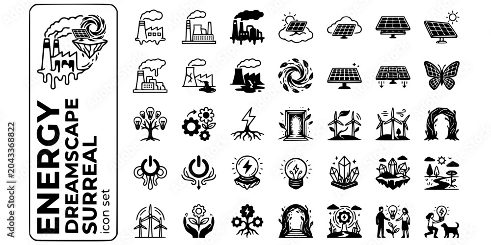 Fototapeta premium Clean Energy Dreamscape Surreal Black White-Melting Plant Floating Solar Portal-Surreal Green Vector-Dream Icon Surreal-Clean Energy Design Set
