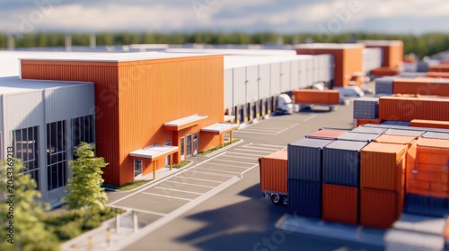 A well-organized shipping yard featuring colorful containers and modern buildings under blue skies