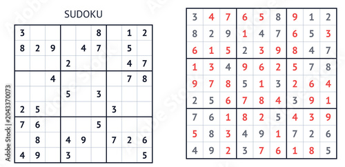 Sudoku puzzle grid with numbers in red and black on white background  