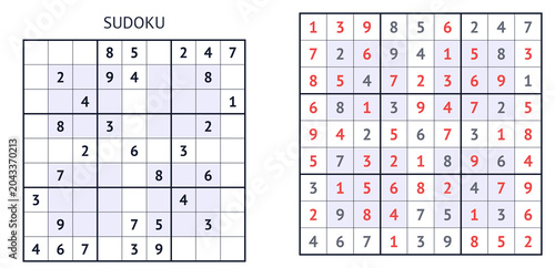 Sudoku puzzle with empty grid and completed solution displayed  