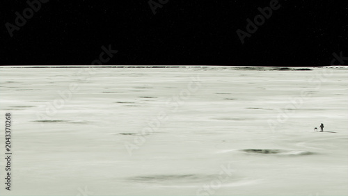 Standing Astronaut Lunar Landscape Moon Surface Vast Expanse Starry Sky Tiny Figure Robotic Dog Space Exploration Sci Fi Dramatic Scale Isolation 3d illustration
