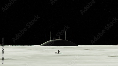 Standing Astronaut Lunar Base Moon Habitat Dome Structure Robotic Dog Starry Sky Vast Lunar Landscape Sci Fi Space Exploration Futuristic Antennas 3d illustration