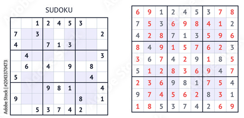 Sudoku puzzle with filled and empty grids on white background  
