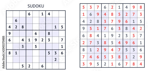 Sudoku puzzle grids with solutions and highlighted numbers  