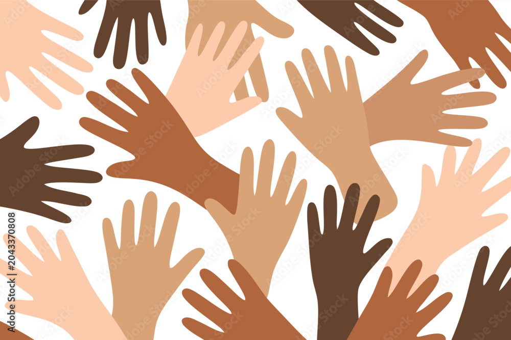 Fototapeta premium Seamless vector pattern featuring abstract overlapping hands in various diverse skin tones, representing unity, community, and global cooperation in a modern flat 2D graphic design style.