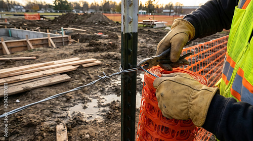 Professional construction worker hands using metallic wire to secure a temporary orange safety mesh fence at a building development site ensuring perimeter security and worker protection.