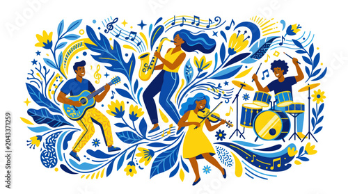 Картината върху платно Diverse Musicians Playing Instruments Amidst Floral Musical Notes