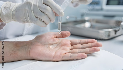 Close-up of doctors hands placing a medical dropper in patient hand for bedside infusion treatment