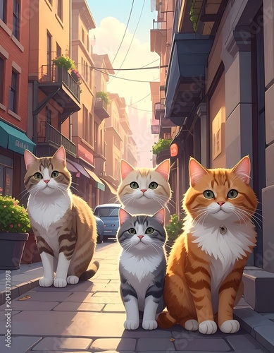 Three cats sitting on city street.