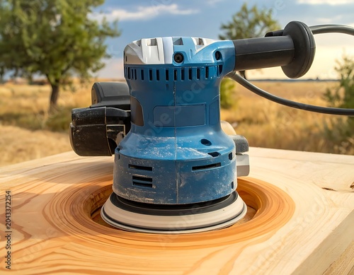 Electric sander on wooden workbench outdoors.