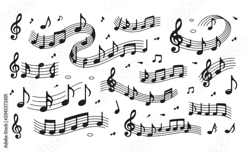 Fotografija Flowing arrangement of black musical notes and staves depicting a melodic score