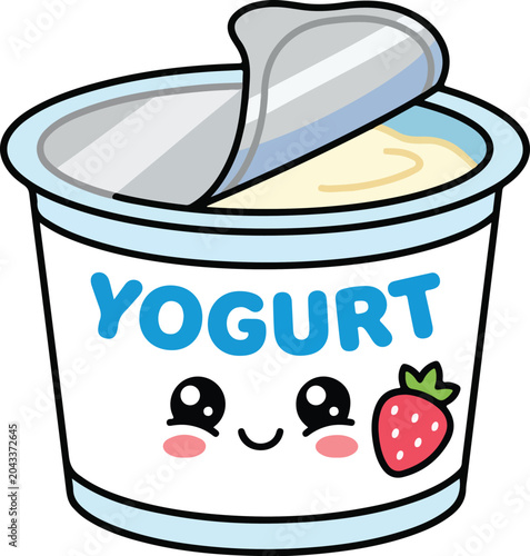 Single serving yogurt cup with a strawberry illustration and cute smiling face strawberry childish