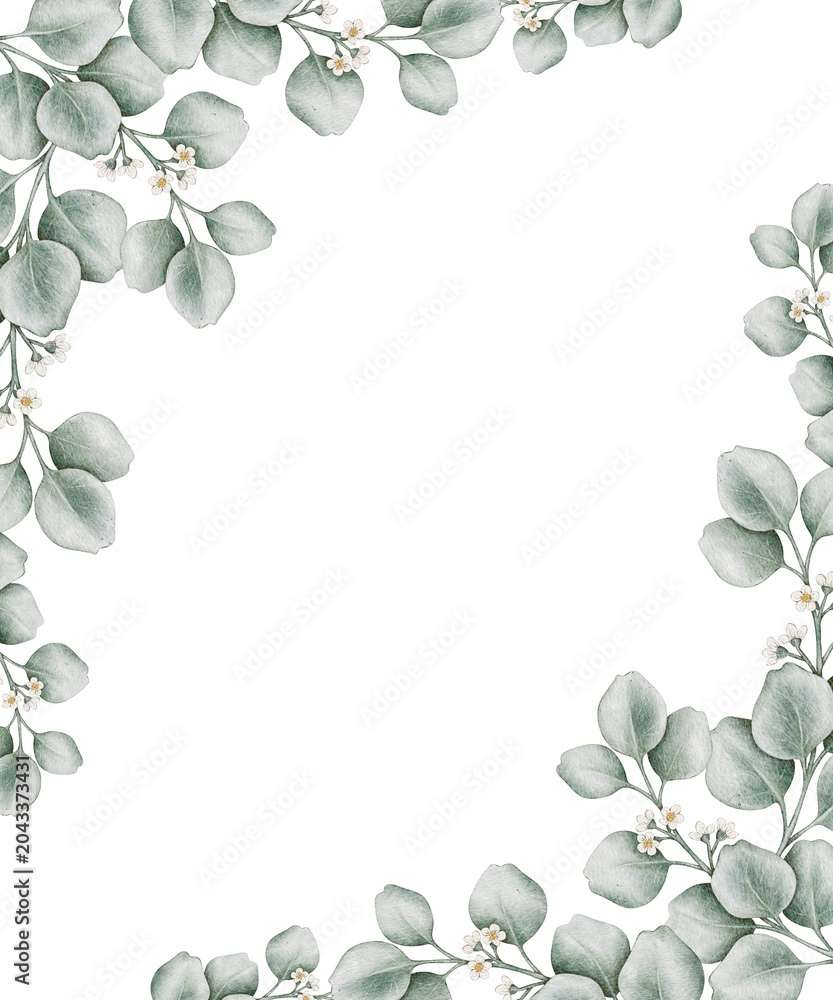 Fototapeta premium Watercolor eucalyptus frame templates. Elegant botanical wedding invitation backgrounds. Minimalist floral greenery borders.