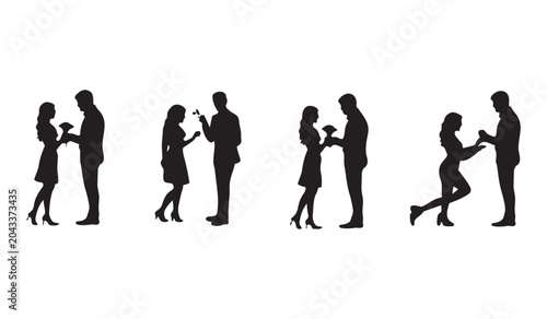 Fotografía Four black silhouettes of couples interacting proposing and expressing affection