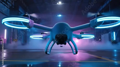 Modern quadcopter drone hovering in a dimly lit industrial space, cinematic blue and purple neon lighting with atmosphere smoke and haze.