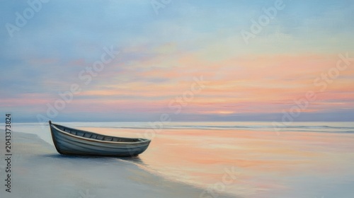 Peaceful sunrise over a beach with a small boat