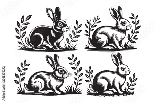 Photography Four charming black and white rabbit illustrations sitting peacefully amidst gra