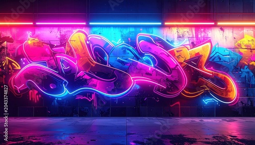 Neon-lit graffiti art on a grunge wall, vibrant colors, urban style