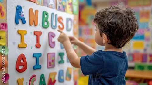 A young child pointing at colorful alphabetic letters on a wall chart in a cheerful preschool classroom