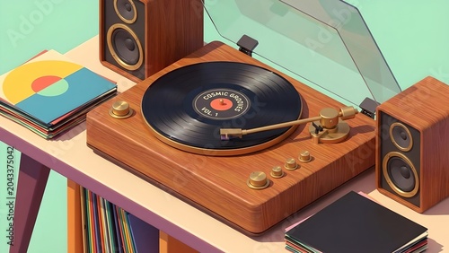 A vintage turntable with a vinyl record playing, surrounded by stacks of records and two speakers, creating a retro audio setup