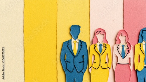 An illustration of layered paper-cut silhouettes of different professions standing together. Teamwork and diversity concept.