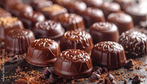 Close-up of various delectable chocolate truffles and scattered cocoa powder