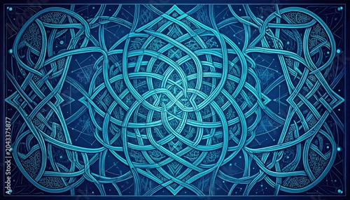 Intricate, blue interwoven Celtic knotwork design with decorative patterns
