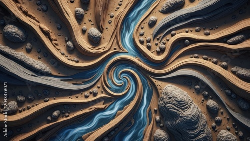 Abstract river landscape with swirling blue water and textured earth banks