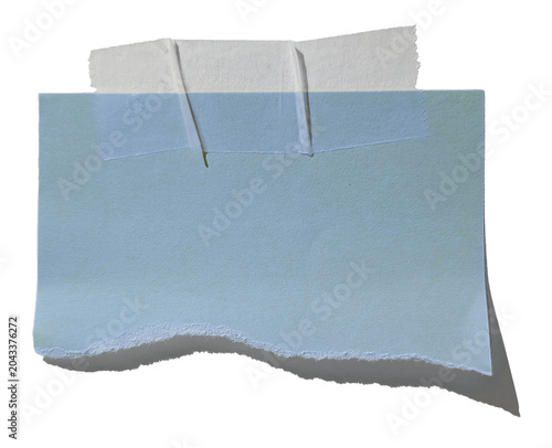 Blue torn paper note with tape isolated on black background, shadow