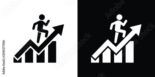 Photos Minimalist vector icon of a person running up a growth bar chart with an upward arrow