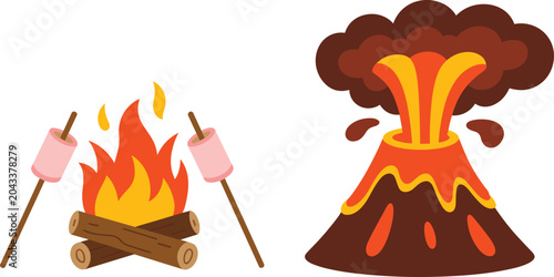 Photography Retro adventure patch vector set with campfire roasting marshmallow and erupting