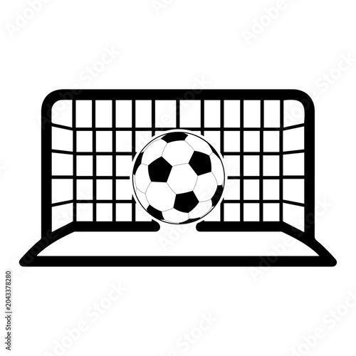 Soccer ball hitting goal net in precision shot black and white vector illustration