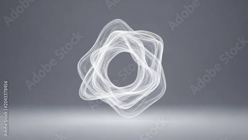 Abstract white flowing lines forming a dynamic geometric shape on gray gradient background