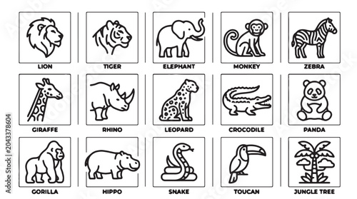 Canvas Print Minimalist wild animal line icons, set of 15 safari and jungle wildlife vector s