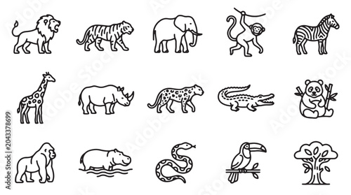Photography Safari animal line icons set, 15 wild jungle wildlife vector elements, minimalis