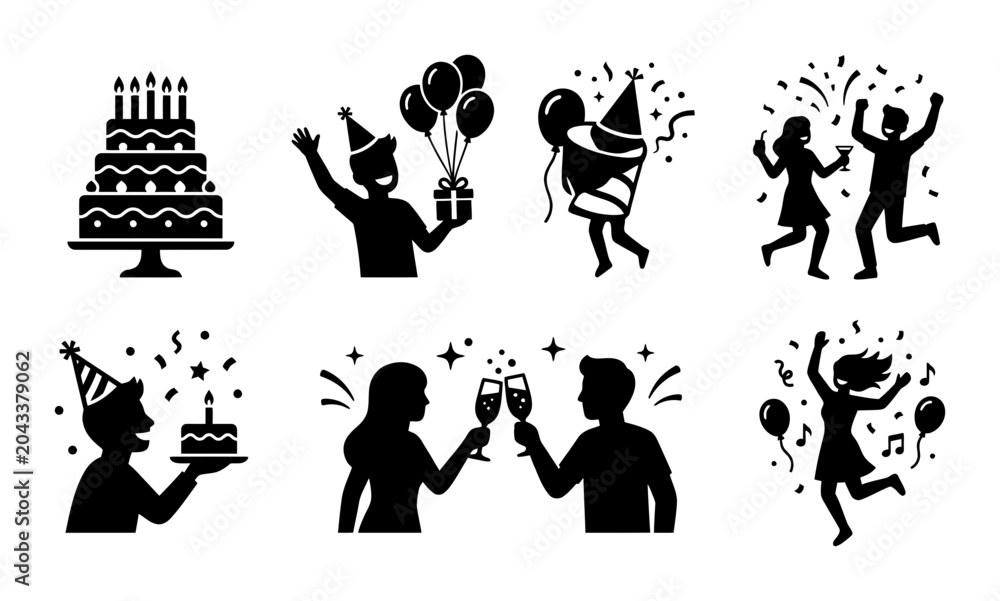 Obraz premium Birthday Celebration Icons, Party Silhouettes, Festive Elements, Anniversary Vector Graphics