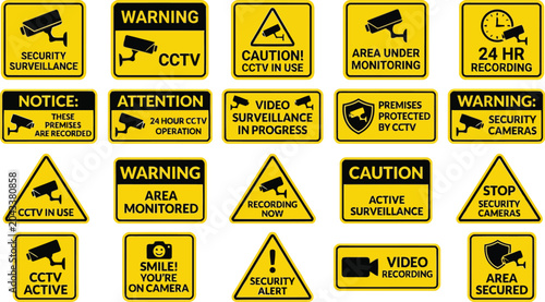Collection of Yellow CCTV Security Camera Warning Signs with Icons and Text