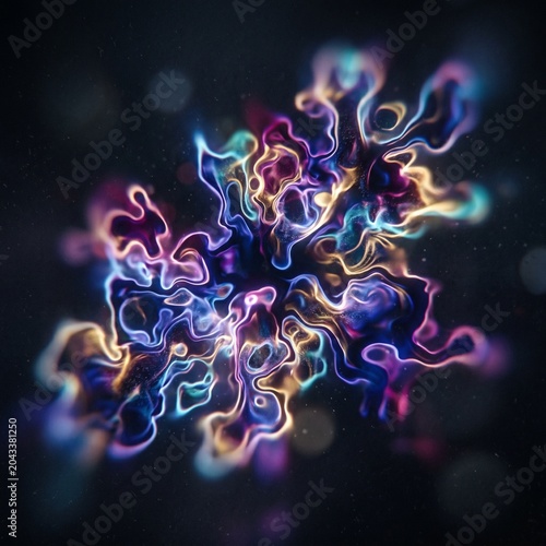 Abstract colorful neon fluid liquid shapes glowing on black background.