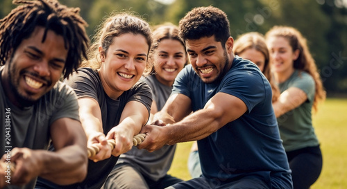 Young people playing tug of war with friends on green grass, showing teamwork and strength. Diverse group of young people playing tug of war during outdoor activity.