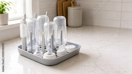 Fotografie Baby bottle drying rack with blank nursery labels