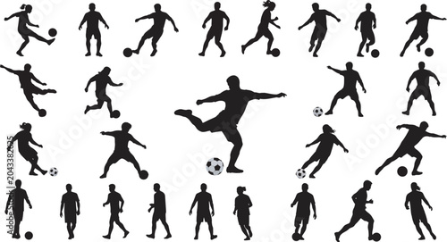 Football Players Silhouette Set Featuring Dribbling, Running and Kicking Actions for Sports Design