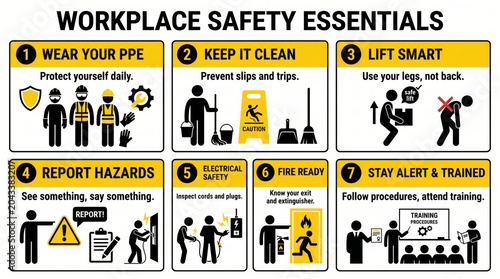 Comprehensive infographic detailing essential workplace safety guidelines and procedures, promoting a secure and healthy environment for all employees through clear visual instructions