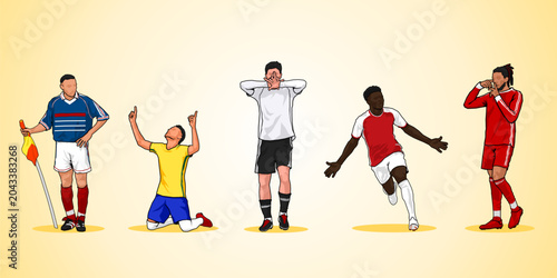 Cartoon illustration of five soccer players in various poses: linesman with flag, celebrating kneel, facepalm disappointment, dynamic celebration, and thoughtful gesture.