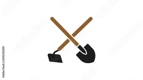 A simple illustration of a garden shovel and a hoe crossed over each other