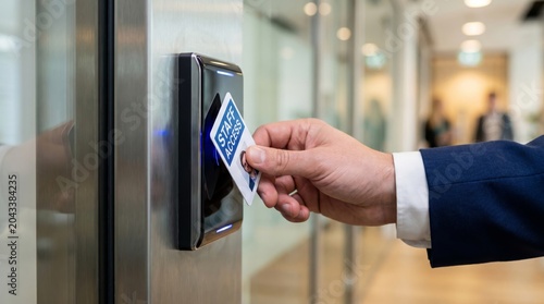 Close-up of a person's hand in a suit holding an access card to scan at a security door