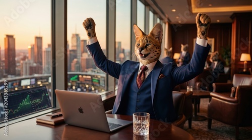 Businessman cat celebrating success in an office with city skyline view